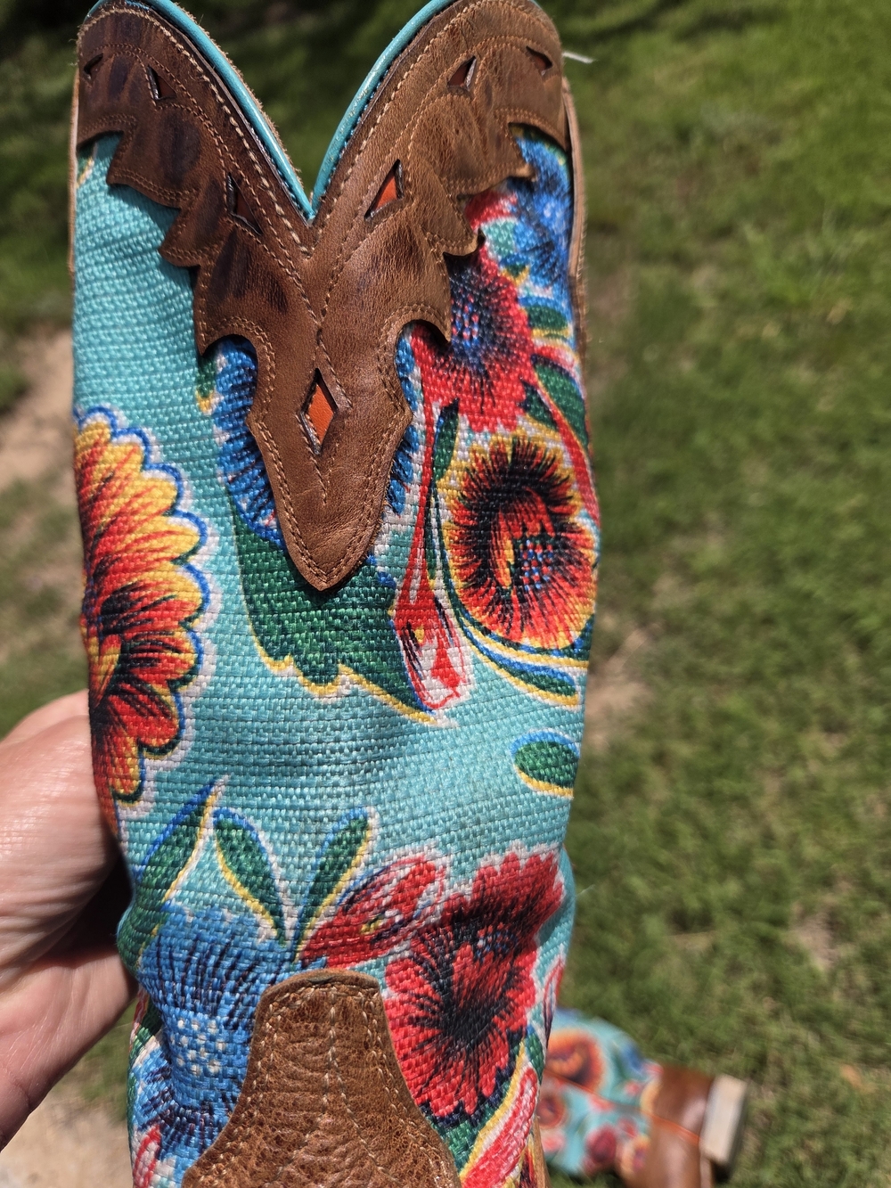 Ariat Brown Leather Wide Square Toe Boots with Turquoise Floral Shaft - Picture 5 of 14